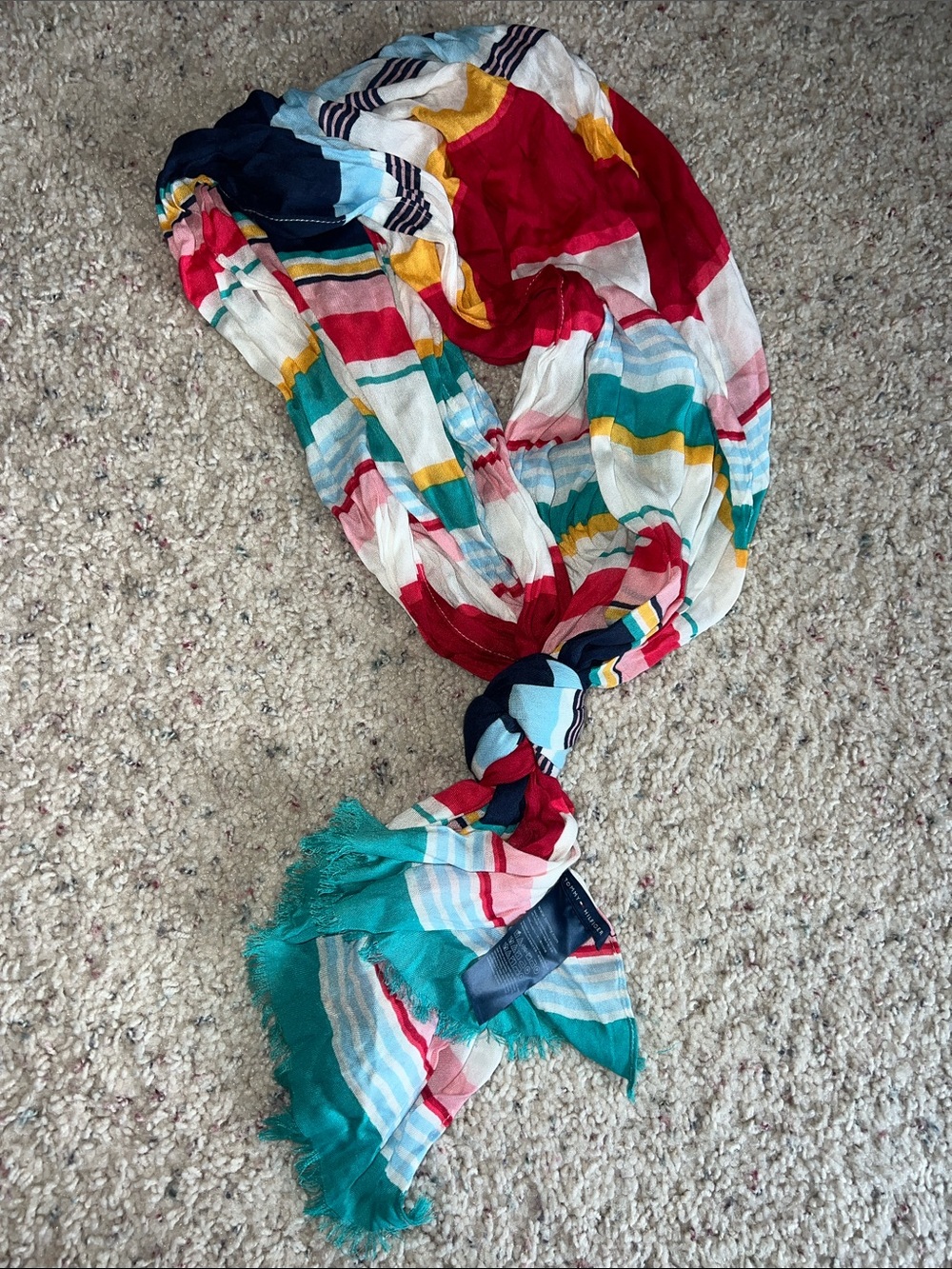 Tommy Hilfiger Striped Lightweight Scarf in Teal, Red, Navy & Gold